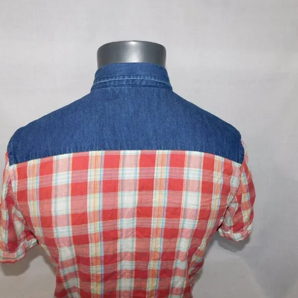 Salt Valley Western Mens M Red Plaid Denim Detail Short Sleeve pearl Snap Shirt - Picture 11 of 12